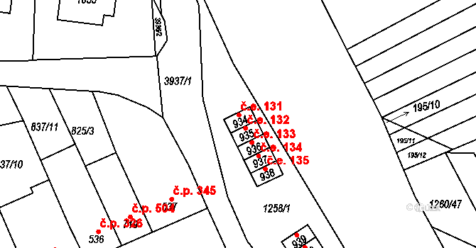 Pazderna 131, Vyškov na parcele st. 934 v KÚ Dědice u Vyškova, Katastrální mapa