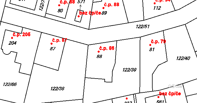 Strančice 86 na parcele st. 88 v KÚ Strančice, Katastrální mapa