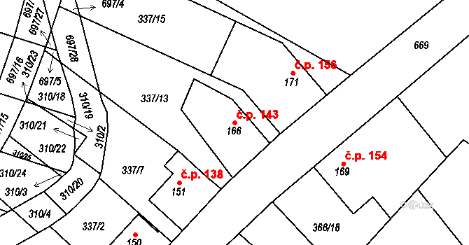 Chomutice 143 na parcele st. 166 v KÚ Chomutice, Katastrální mapa