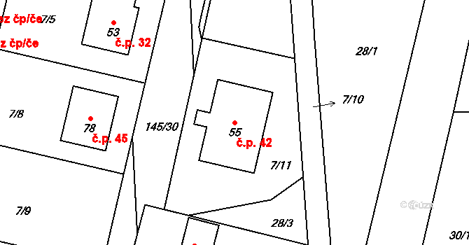 Senožaty 42, Bechyně na parcele st. 55 v KÚ Senožaty u Bechyně, Katastrální mapa