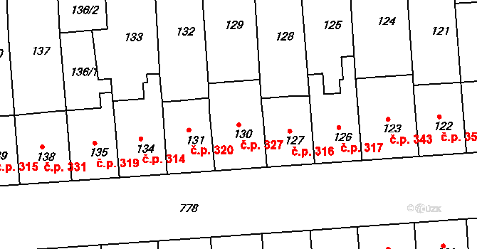 Černovice 327, Brno na parcele st. 130 v KÚ Černovice, Katastrální mapa