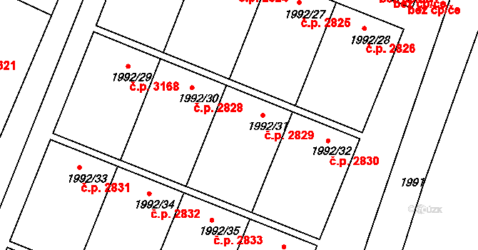 Teplice 2829 na parcele st. 1992/31 v KÚ Teplice, Katastrální mapa