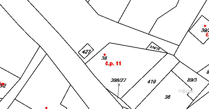 Třesovice 11 na parcele st. 38 v KÚ Třesovice, Katastrální mapa