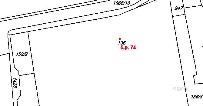 Háje 74, Cheb na parcele st. 136 v KÚ Háje u Chebu, Katastrální mapa