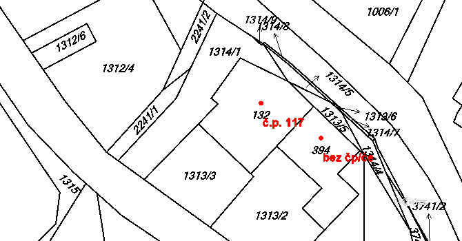 Dubenec 117 na parcele st. 132 v KÚ Dubenec, Katastrální mapa