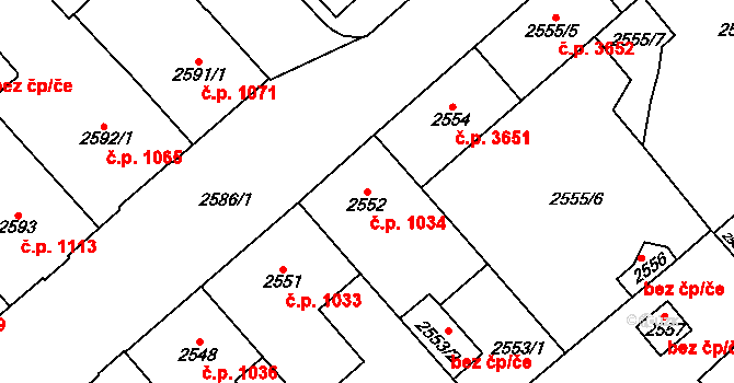 Chomutov 1034 na parcele st. 2552 v KÚ Chomutov I, Katastrální mapa
