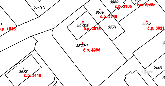 Chomutov 4986 na parcele st. 3572/1 v KÚ Chomutov I, Katastrální mapa