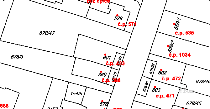Rosice 433 na parcele st. 601 v KÚ Rosice u Brna, Katastrální mapa