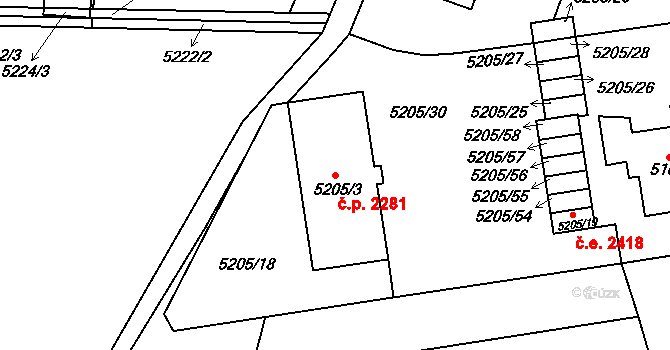 Východní Předměstí 2281, Plzeň na parcele st. 5205/3 v KÚ Plzeň, Katastrální mapa
