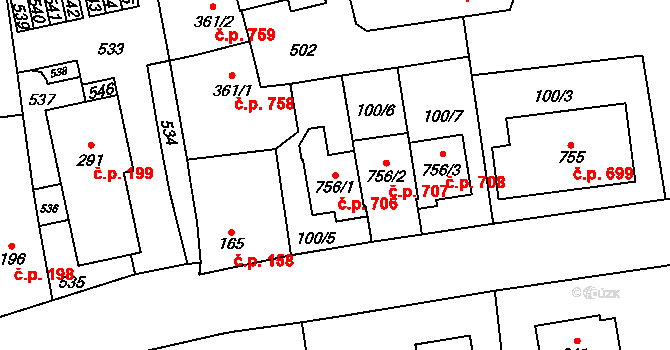 Horoměřice 706 na parcele st. 756/1 v KÚ Horoměřice, Katastrální mapa