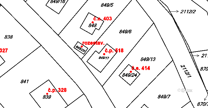Všenory 518 na parcele st. 849/17 v KÚ Všenory, Katastrální mapa