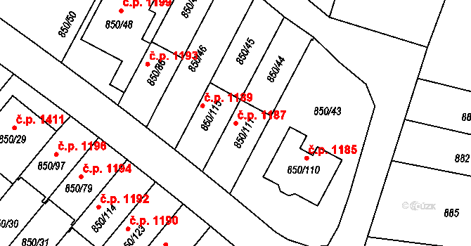Mohelnice 1187 na parcele st. 850/111 v KÚ Mohelnice, Katastrální mapa