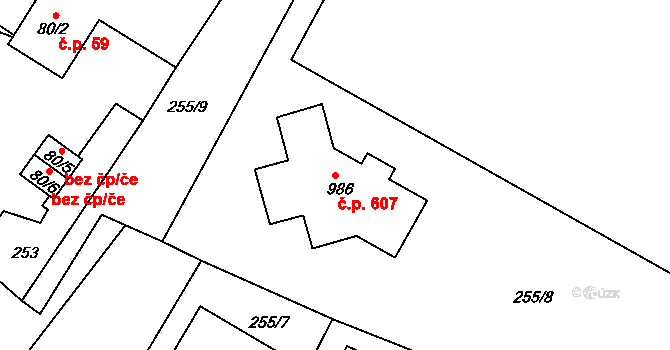 Smiřice 607 na parcele st. 986 v KÚ Smiřice, Katastrální mapa