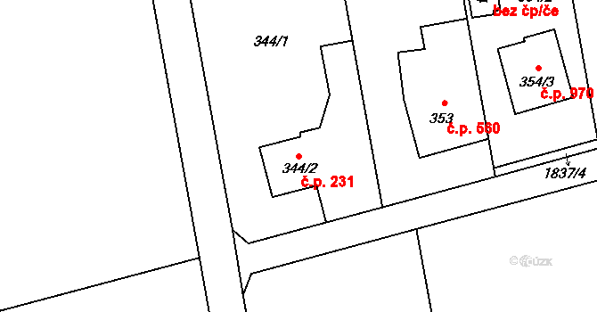 Kylešovice 231, Opava na parcele st. 344/2 v KÚ Kylešovice, Katastrální mapa