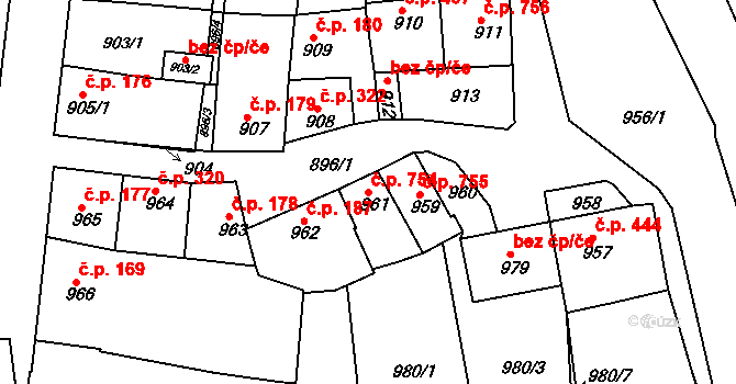 Vlčnov 754 na parcele st. 961 v KÚ Vlčnov, Katastrální mapa