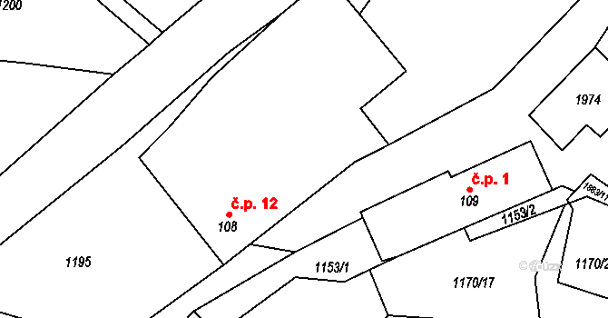 Vrbětice 12, Tisovec na parcele st. 108 v KÚ Tisovec, Katastrální mapa