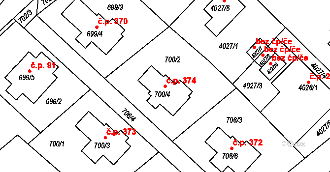 Choceňské Předměstí 374, Vysoké Mýto na parcele st. 700/4 v KÚ Vysoké Mýto, Katastrální mapa