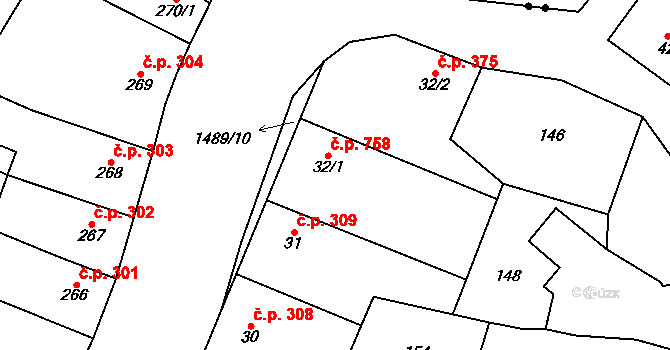 Kostelec nad Labem 758 na parcele st. 32/1 v KÚ Kostelec nad Labem, Katastrální mapa