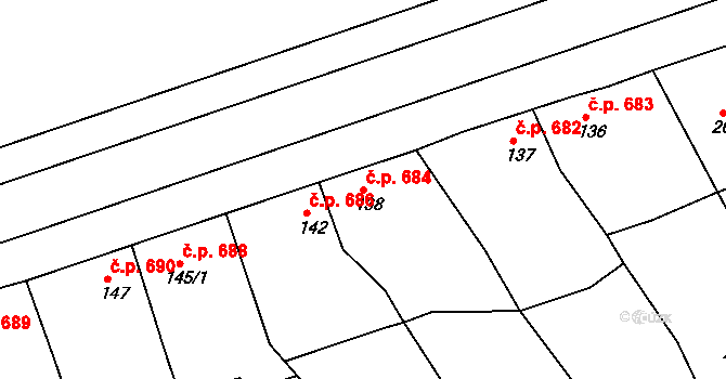 Rudná 684 na parcele st. 138 v KÚ Hořelice, Katastrální mapa