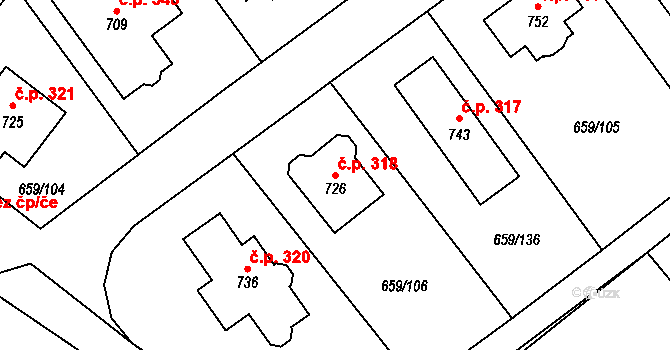 Psáry 318 na parcele st. 726 v KÚ Psáry, Katastrální mapa