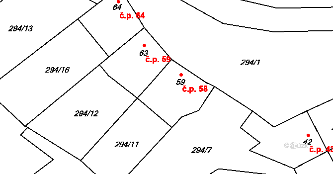 Holešín 58, Rájec-Jestřebí na parcele st. 59 v KÚ Holešín, Katastrální mapa