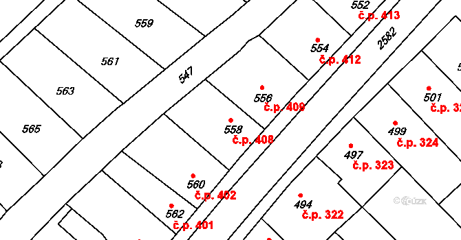 Odry 408 na parcele st. 558 v KÚ Odry, Katastrální mapa