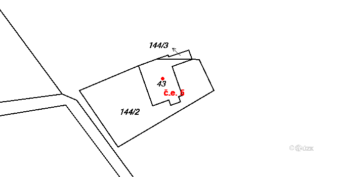 Simtany 5, Pohled na parcele st. 43 v KÚ Simtany, Katastrální mapa