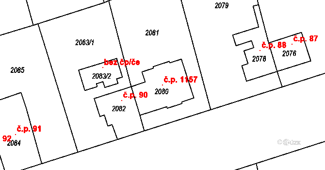 Ruzyně 1157, Praha na parcele st. 2080 v KÚ Ruzyně, Katastrální mapa
