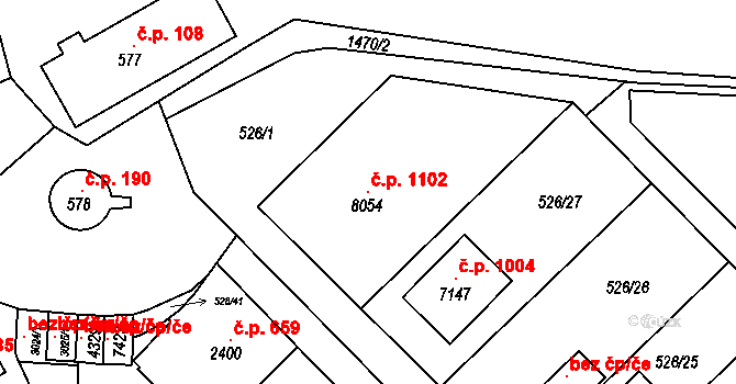 Borovina 1102, Třebíč na parcele st. 8054 v KÚ Třebíč, Katastrální mapa