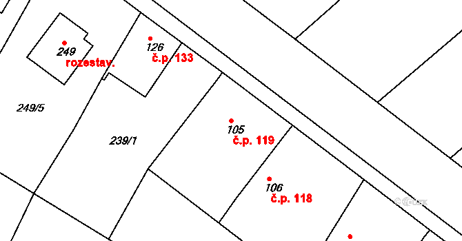 Kovanice 119 na parcele st. 105 v KÚ Kovanice, Katastrální mapa