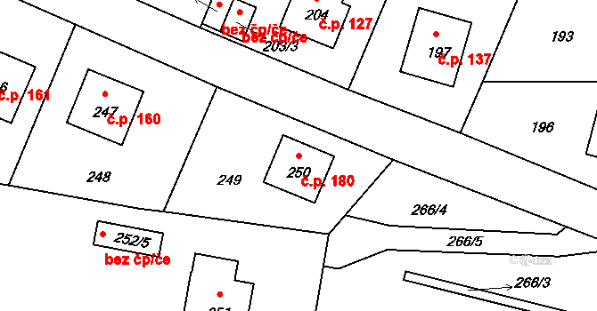 Černé Budy 180, Sázava na parcele st. 250 v KÚ Černé Budy, Katastrální mapa