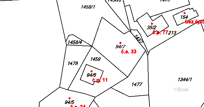 Horní Tašovice 33, Stružná na parcele st. 94/7 v KÚ Horní Tašovice, Katastrální mapa