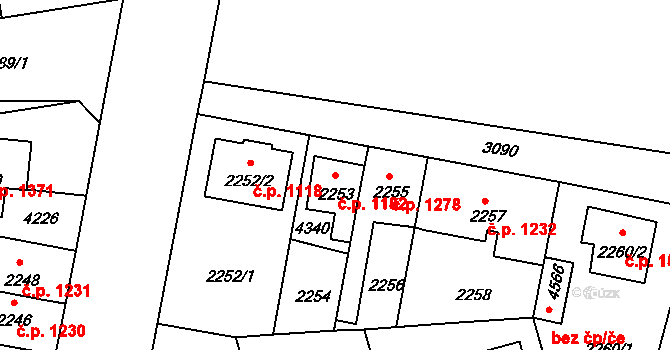 Čelákovice 1182 na parcele st. 2253 v KÚ Čelákovice, Katastrální mapa