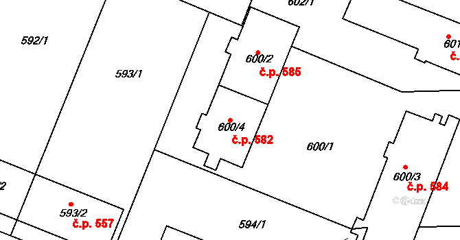 Modřice 582 na parcele st. 600/4 v KÚ Modřice, Katastrální mapa
