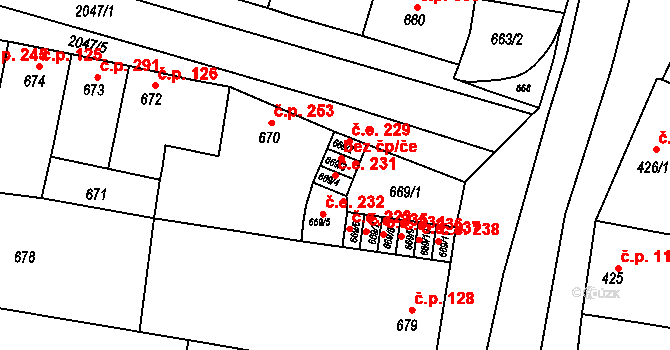 Modřice 231 na parcele st. 669/4 v KÚ Modřice, Katastrální mapa