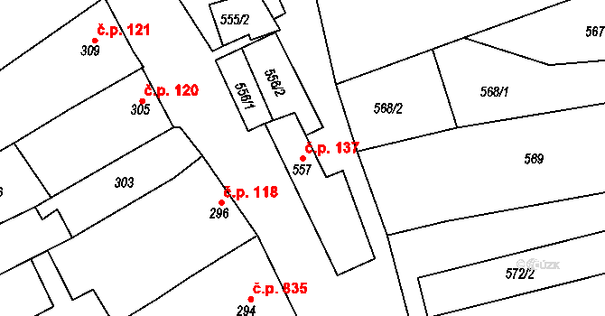 Šardice 137 na parcele st. 557 v KÚ Šardice, Katastrální mapa