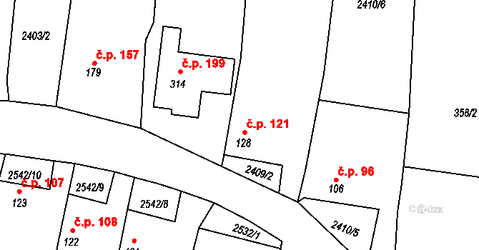 Hodice 121 na parcele st. 128 v KÚ Hodice, Katastrální mapa