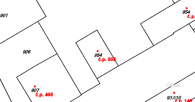 Vyškov-Předměstí 508, Vyškov na parcele st. 864 v KÚ Vyškov, Katastrální mapa