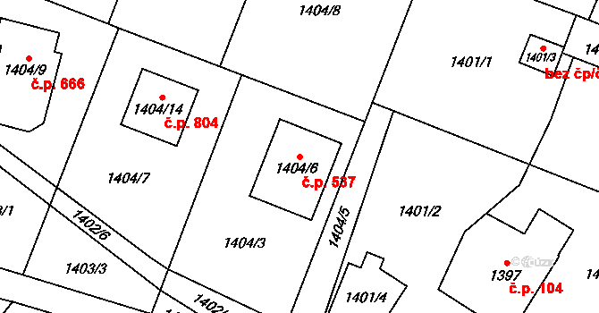 Fryčovice 537 na parcele st. 1404/6 v KÚ Fryčovice, Katastrální mapa