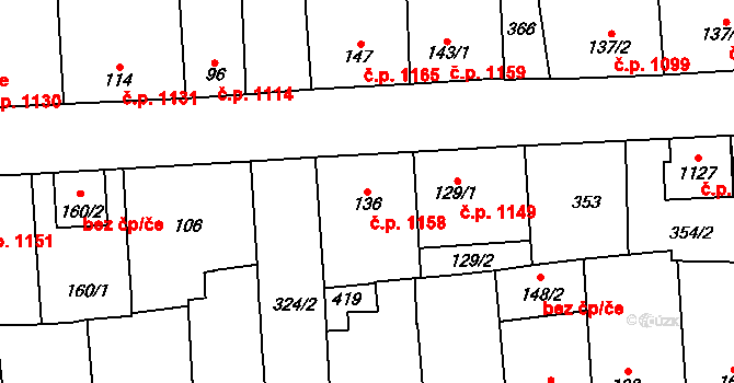 Švermov 1158, Kladno na parcele st. 136 v KÚ Hnidousy, Katastrální mapa