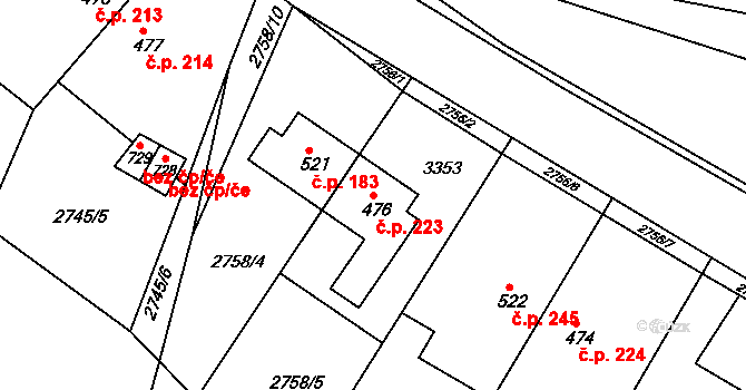 Lužná 223 na parcele st. 476 v KÚ Lužná u Vsetína, Katastrální mapa