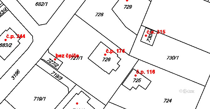Strkov 174, Planá nad Lužnicí na parcele st. 726 v KÚ Planá nad Lužnicí, Katastrální mapa