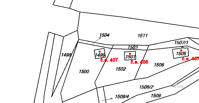 Sebuzín 407, Ústí nad Labem na parcele st. 1499 v KÚ Sebuzín, Katastrální mapa