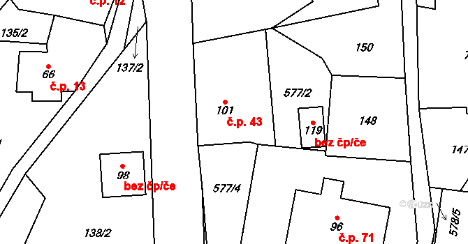 Vlčkovice 43, Mladkov na parcele st. 101 v KÚ Vlčkovice u Mladkova, Katastrální mapa
