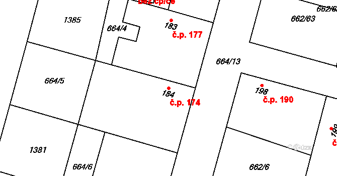 Krchleby 174 na parcele st. 184/1 v KÚ Krchleby u Nymburka, Katastrální mapa
