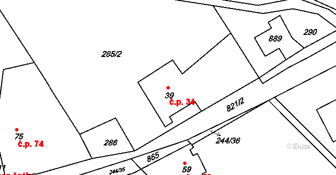 Drmaly 34, Vysoká Pec na parcele st. 39 v KÚ Drmaly, Katastrální mapa
