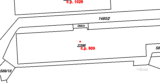 Borovina 609, Třebíč na parcele st. 2296 v KÚ Třebíč, Katastrální mapa