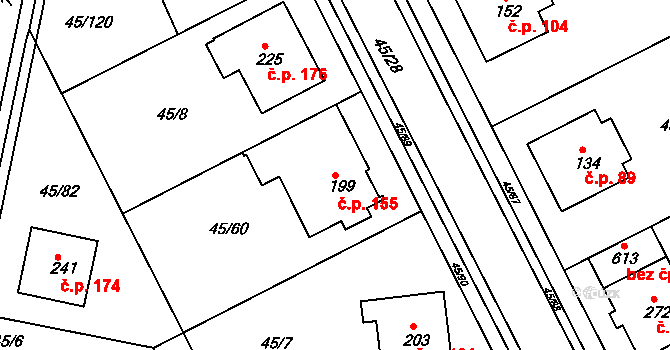 Týn 155, Třebíč na parcele st. 199 v KÚ Týn u Třebíče, Katastrální mapa