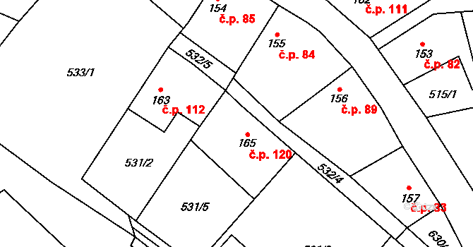 Svatá 120 na parcele st. 165 v KÚ Svatá, Katastrální mapa