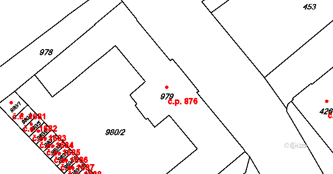 Pelhřimov 876 na parcele st. 979 v KÚ Pelhřimov, Katastrální mapa
